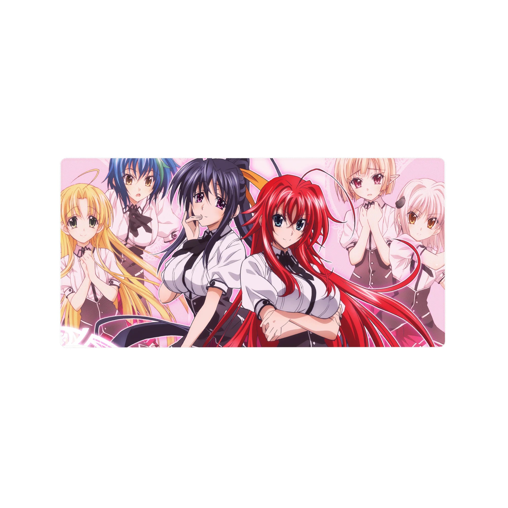 Anime mouse pad 32x16 inches featuring High School DxD girls, showcasing Rias&#39;s charm and Koneko&#39;s fierce glare on a pastel backdrop.