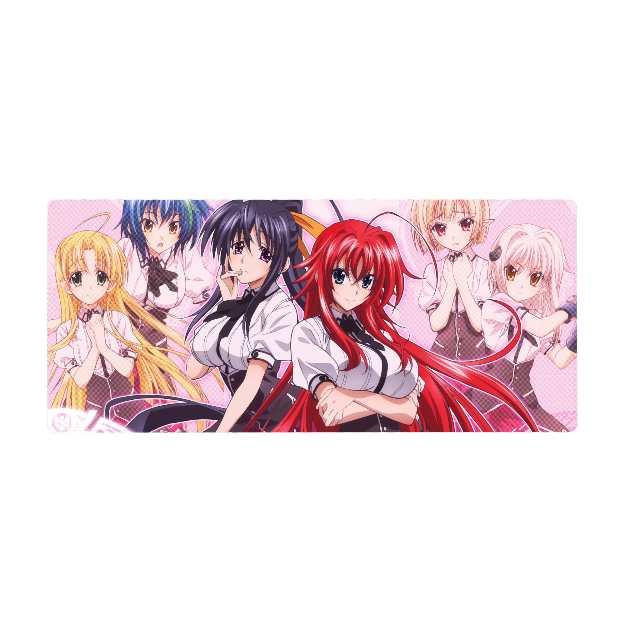 Anime desk pad 36x16 inches featuring High School DxD characters like Rias and Koneko, vibrant pink tones with manga style.