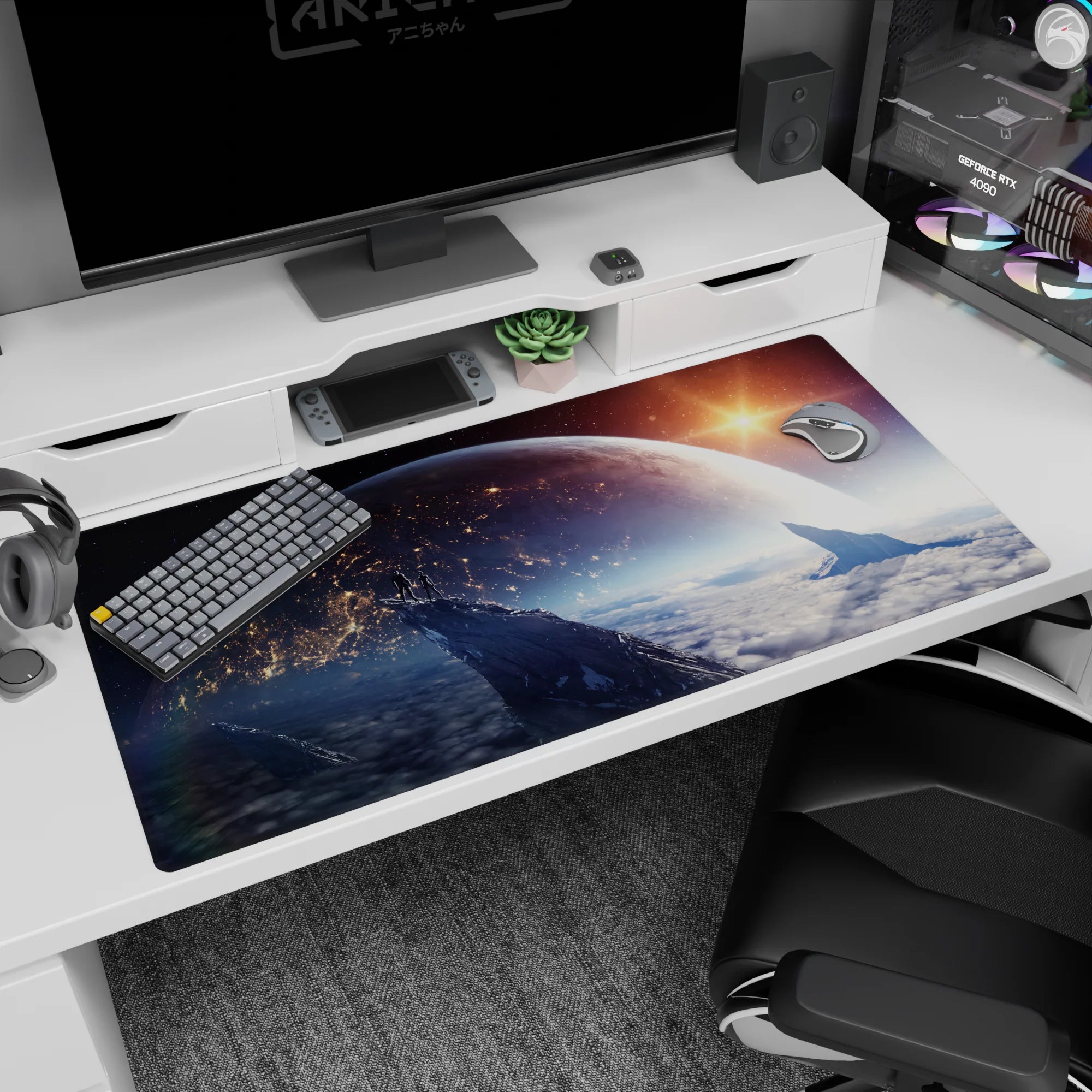 Large 40x20 inch desk pad featuring a deep navy sky with sunrise hues, soft clouds, and mountain silhouettes.