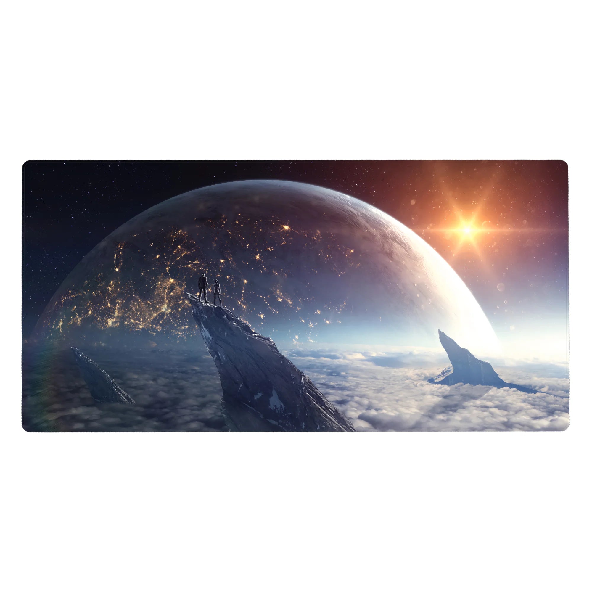 Large 40x20 inch desk pad with dreamy sci‑fi sky design, featuring soft clouds, sunrise hues, and smooth surface.