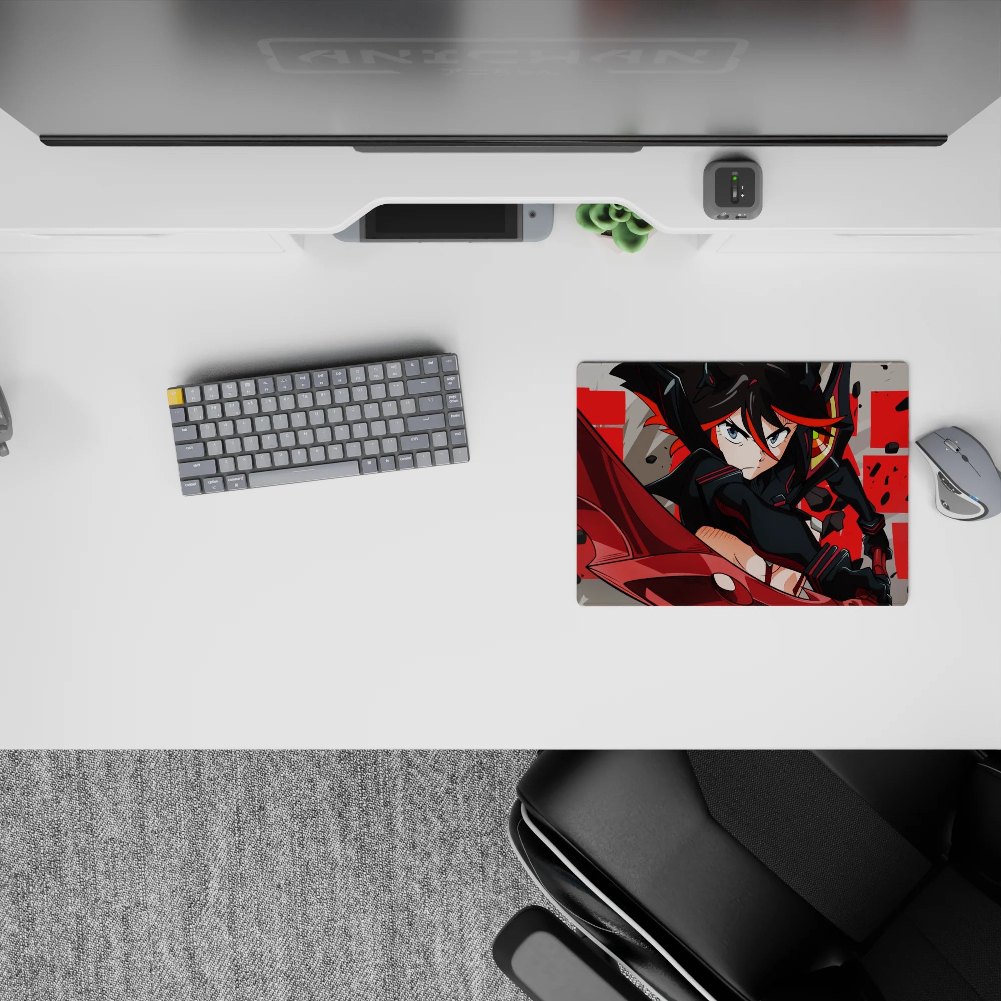 14x10 inches anime mouse pad in steel gray and crimson, gritty street-poster vibe with high-energy action pose.