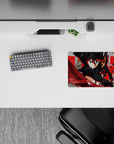 14x10 inches anime mouse pad in steel gray and crimson, gritty street-poster vibe with high-energy action pose.