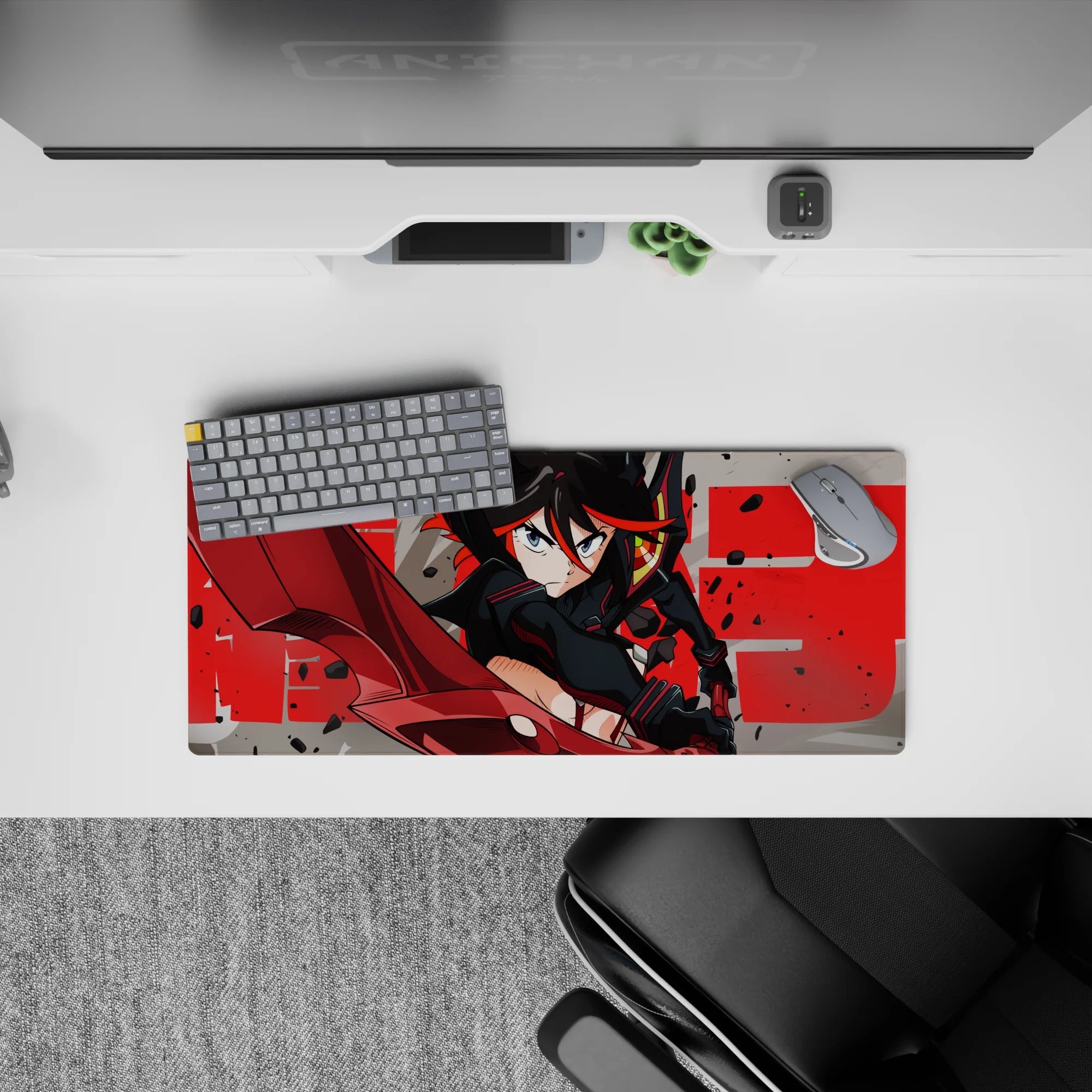 28x12 inches anime girl mouse pad in steel gray with crimson streaks, splatter debris, and bold red accents.
