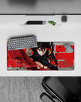 28x12 inches anime girl mouse pad in steel gray with crimson streaks, splatter debris, and bold red accents.