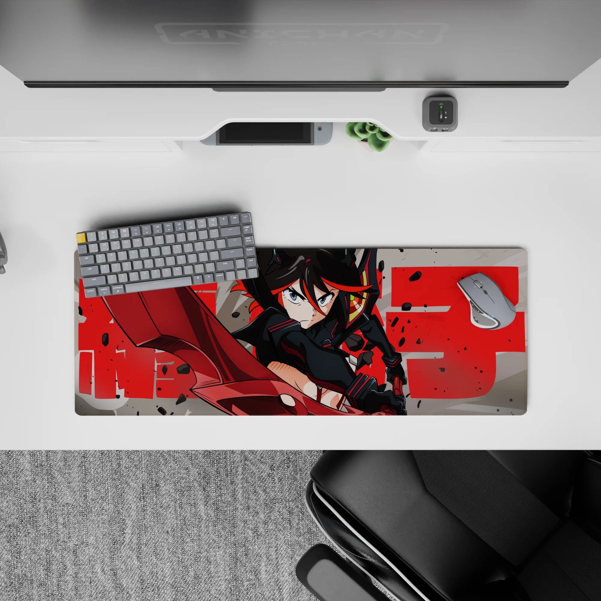 32x12 inches anime girl mouse pad in steel gray with crimson streaks, splatter debris, and bold, edgy vibe.