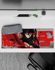 32x12 inches anime girl mouse pad in steel gray with crimson streaks, splatter debris, and bold, edgy vibe.