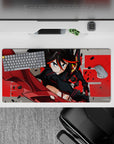 32x16 inches anime mouse pad in steel gray with crimson streaks, red typography, bold high-energy vibe.