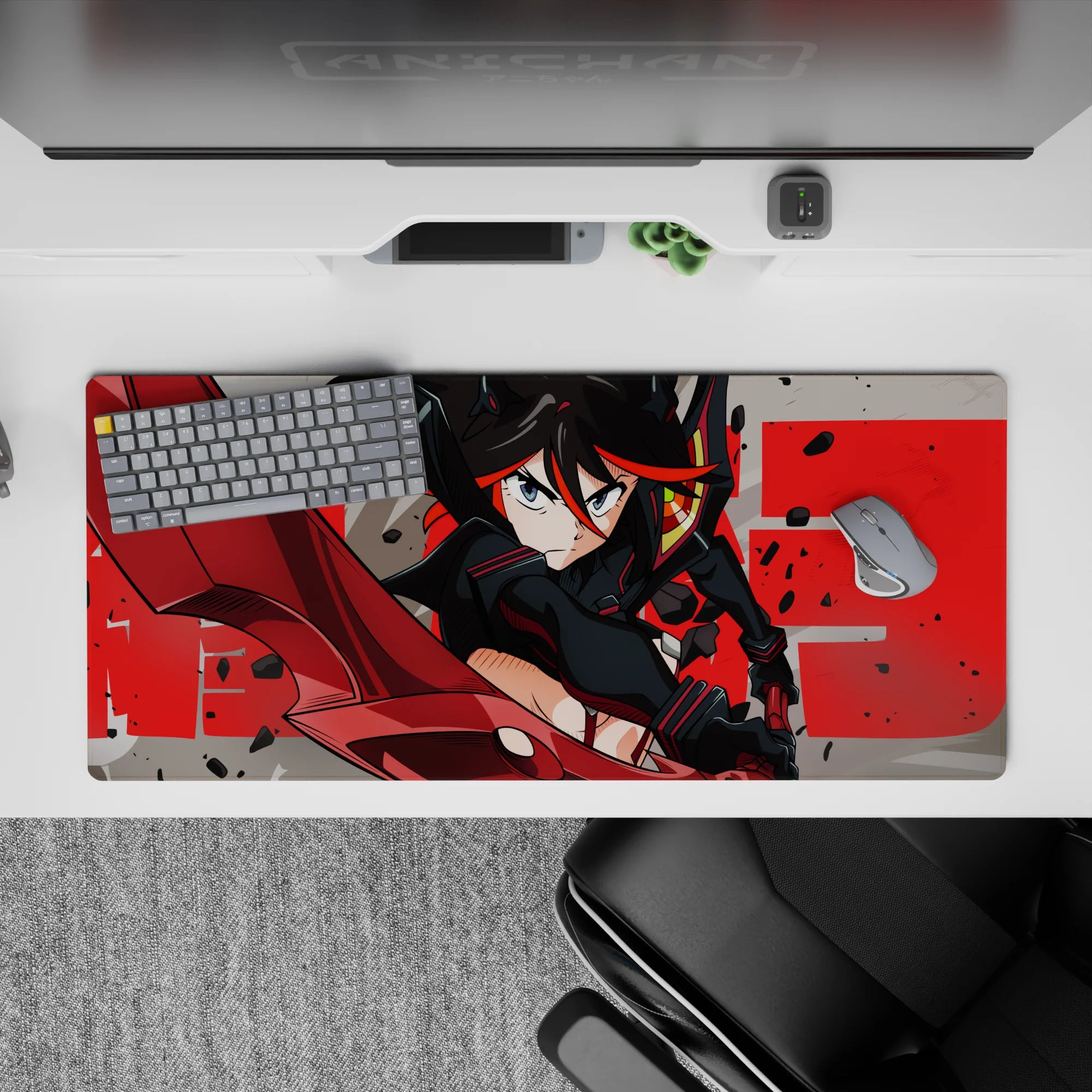36x16 inches anime girl mouse pad in steel gray with crimson streaks, gritty debris, high-energy vibe.