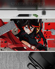 Steel gray and crimson anime girl desk pad 40x20 inches, splatter debris vibe with bold red typography.