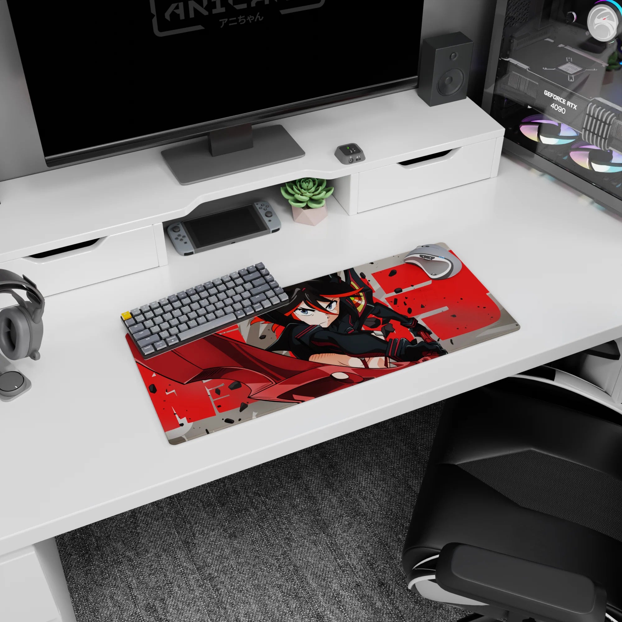 28x12 inches anime girl mouse pad featuring a fierce black-haired warrior in a red-trim battle suit, lunging forward.
