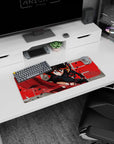 28x12 inches anime girl mouse pad featuring a fierce black-haired warrior in a red-trim battle suit, lunging forward.