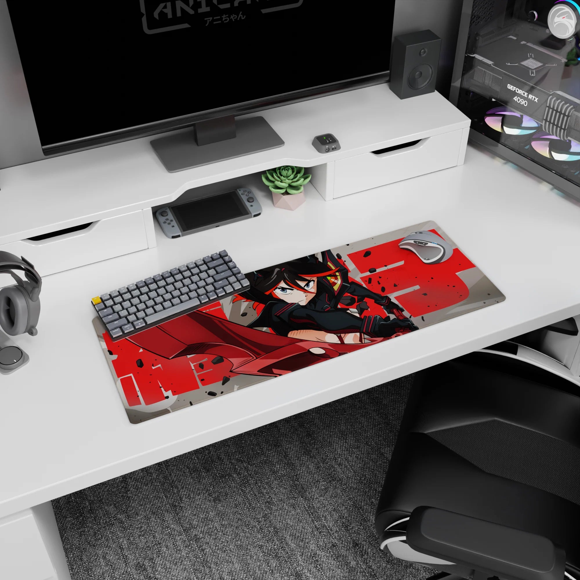 32x12 inches anime girl mouse pad featuring Ryuko Matoi with a giant red scissor blade in a dynamic attack pose.