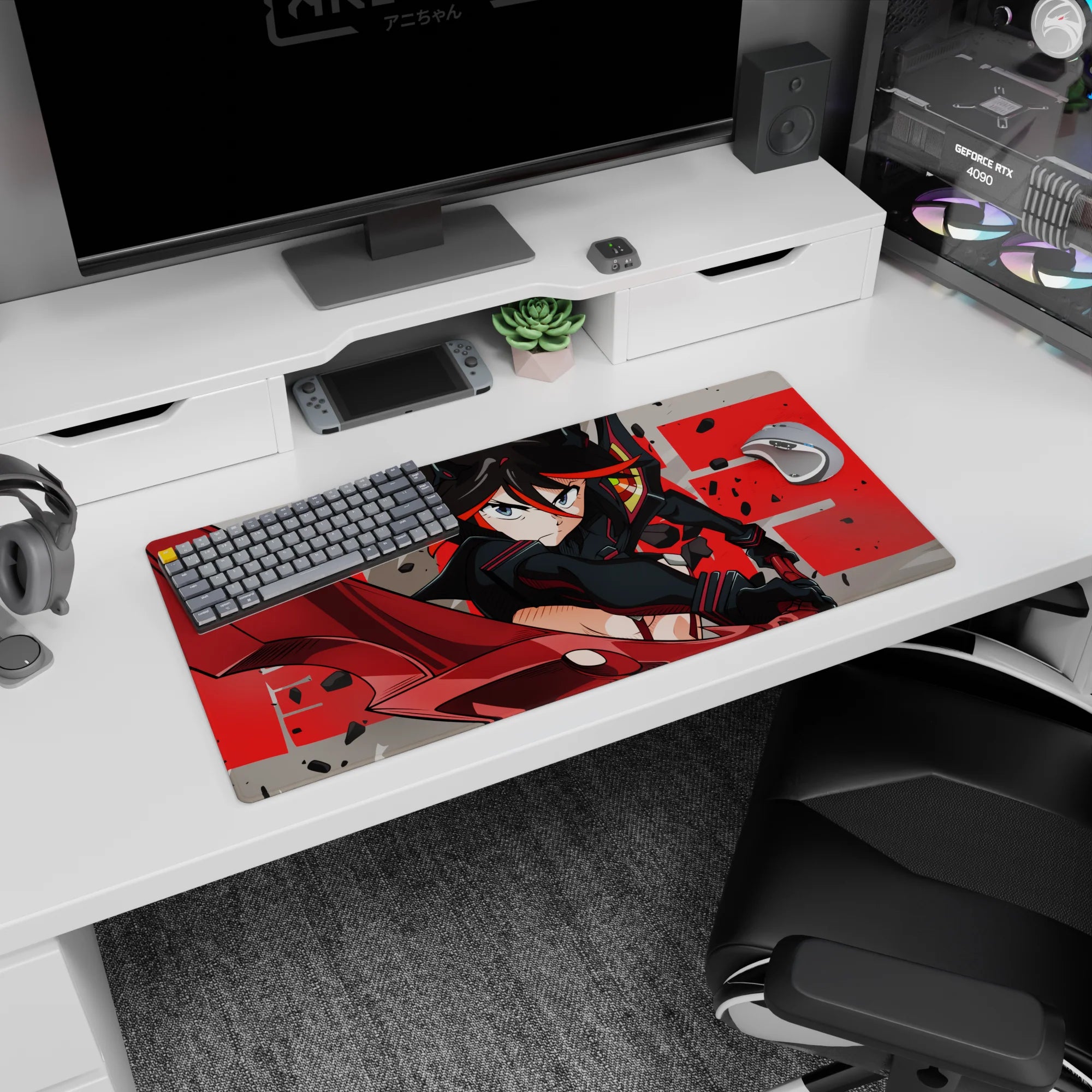 32x16 inches anime girl mouse pad featuring a fierce heroine in a red-trim battle suit wielding giant scissors.