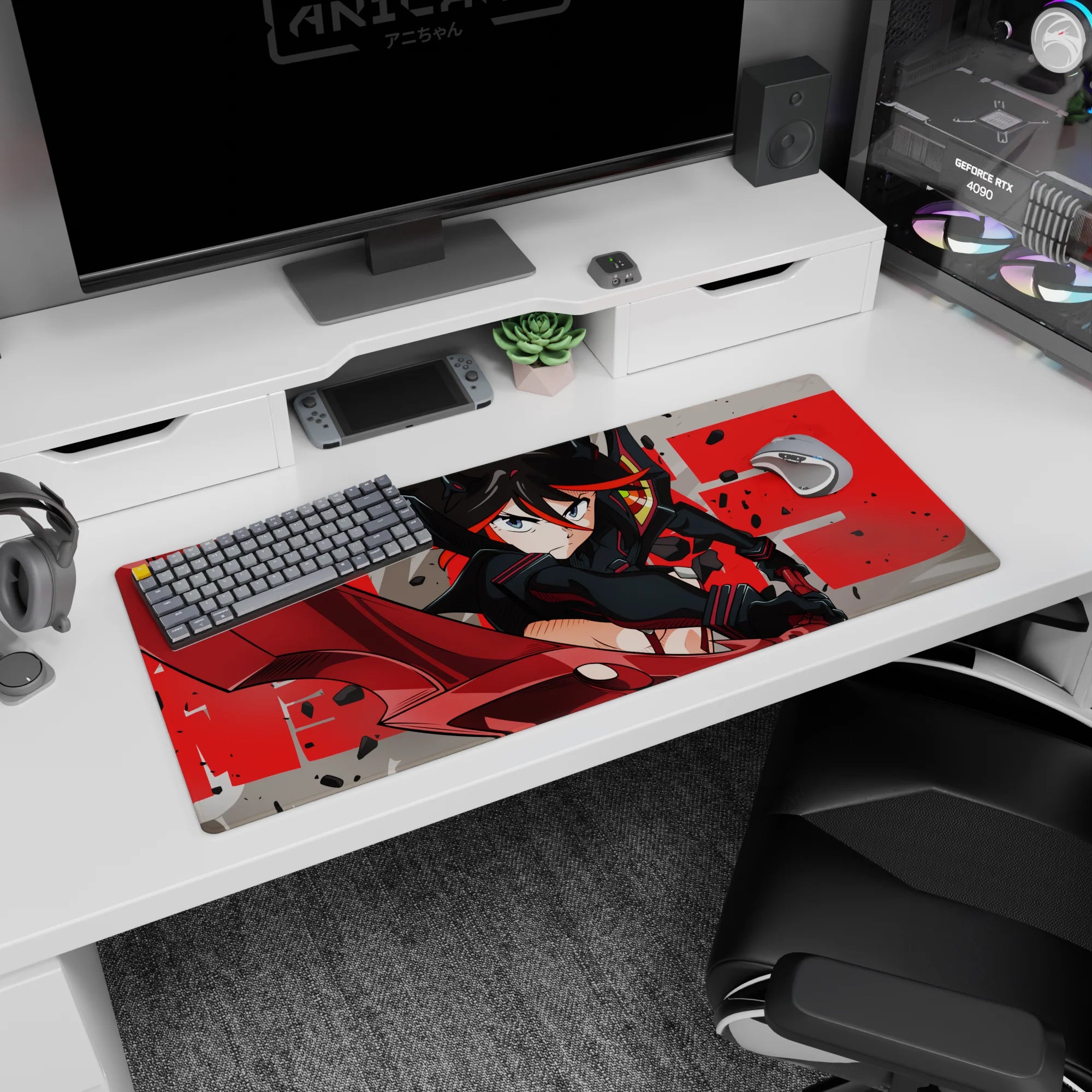 36x16 inches desk pad showing a fierce black-haired warrior in a red-trim battle suit wielding a giant scissor.