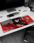 36x16 inches desk pad showing a fierce black-haired warrior in a red-trim battle suit wielding a giant scissor.