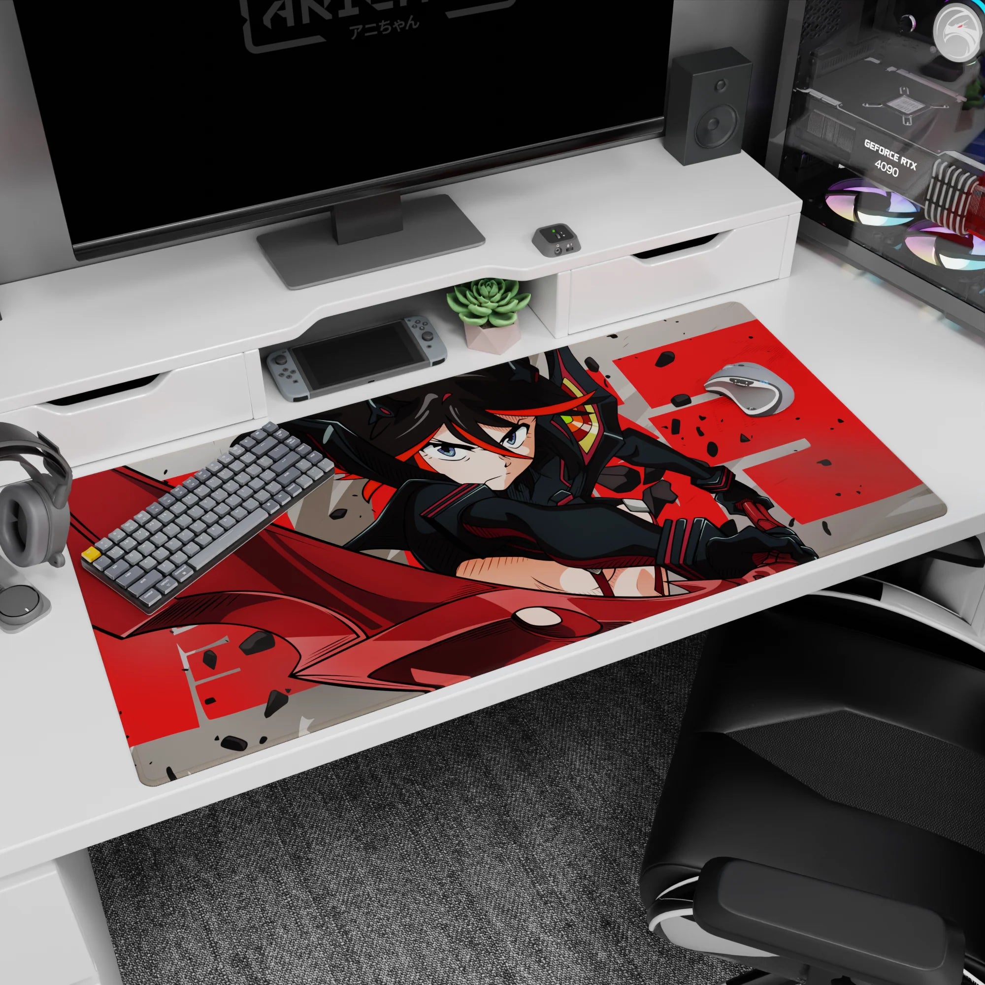 Black-haired anime heroine in tight battle suit lunging with oversized red scissor blade on 40x20 inches desk pad.