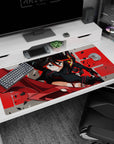 Black-haired anime heroine in tight battle suit lunging with oversized red scissor blade on 40x20 inches desk pad.