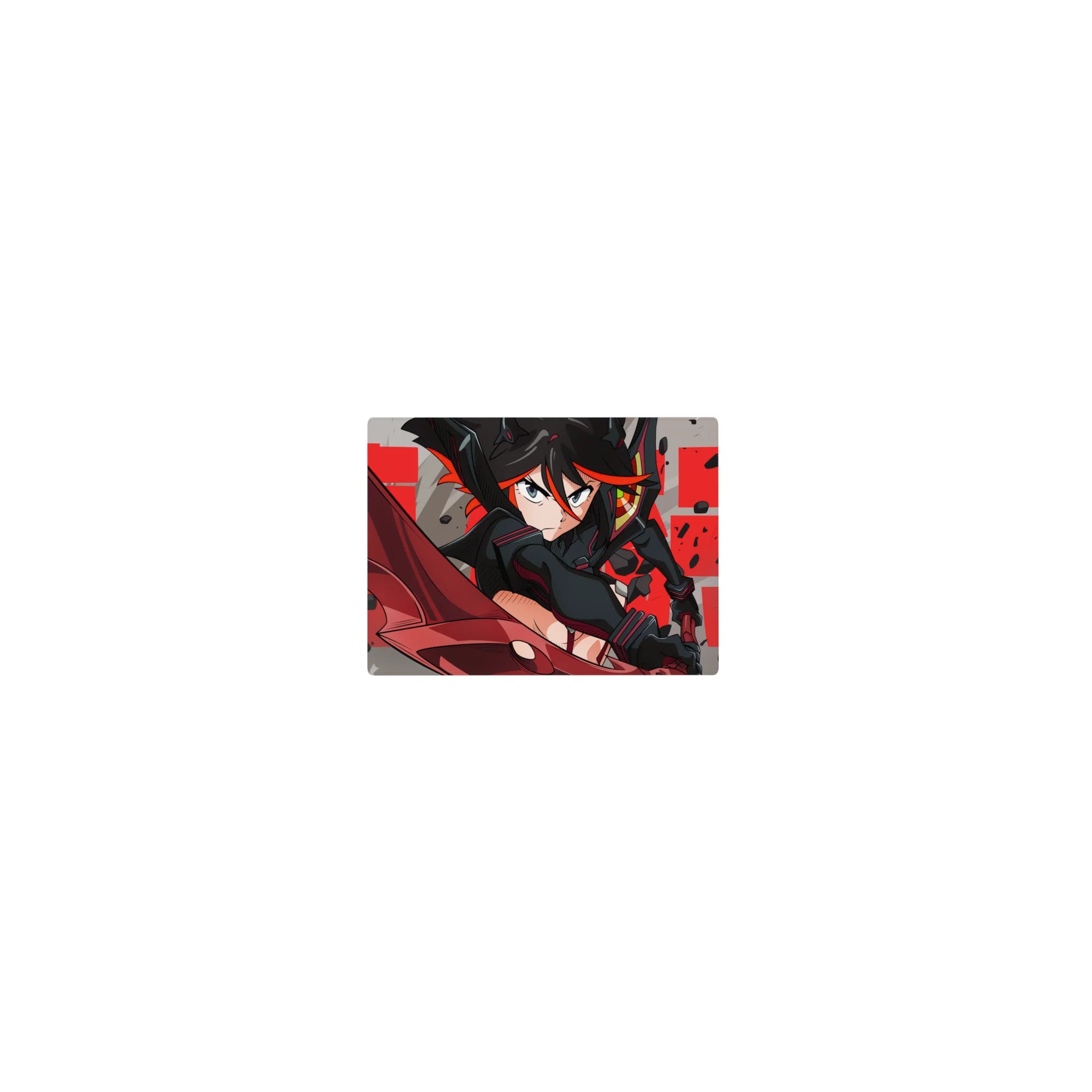 14x10 inches anime girl mouse pad with black-haired heroine, red scissor blade, gray debris, bold red text.
