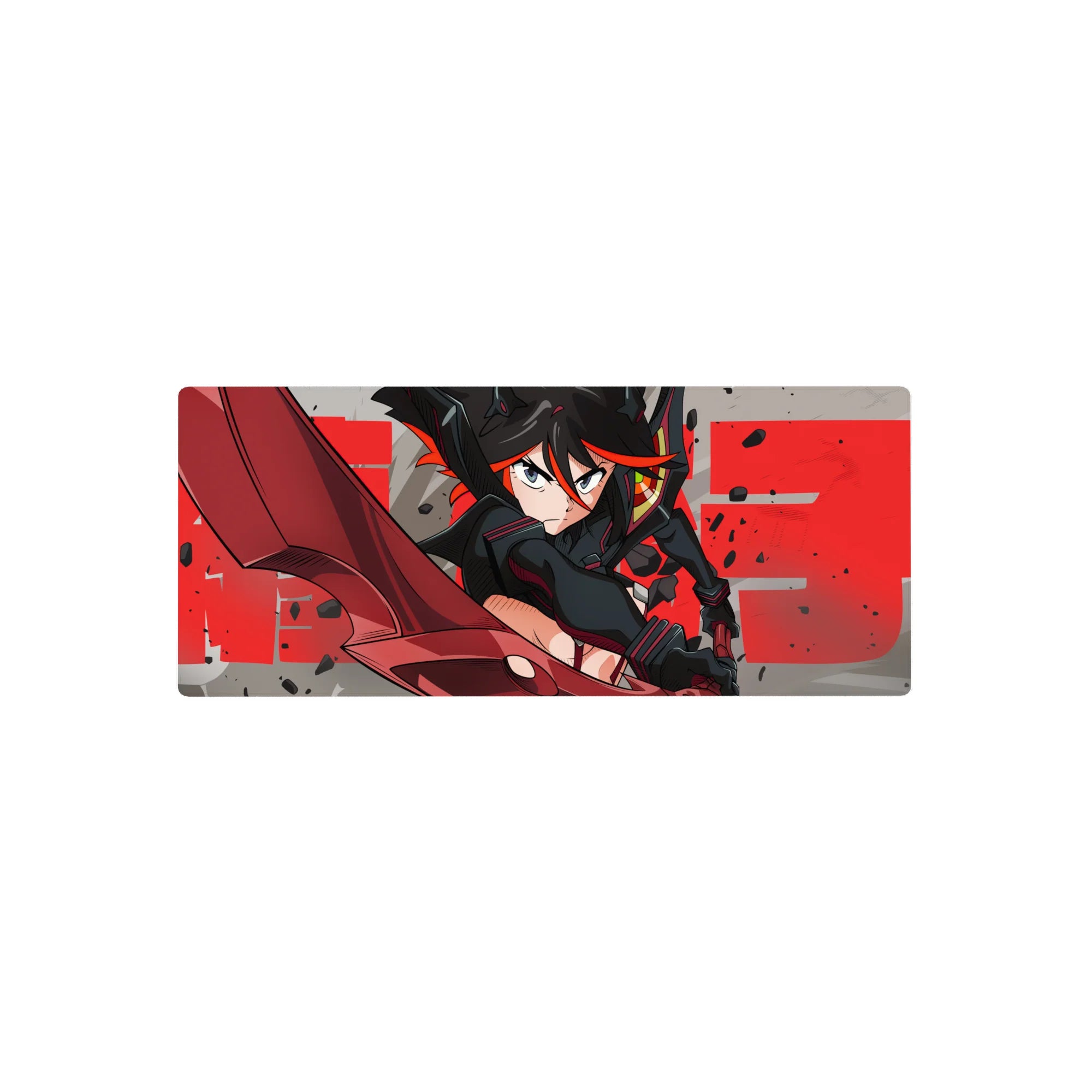 28x12 inches anime girl mouse pad with black-haired heroine, red scissor blade, and street poster typography.