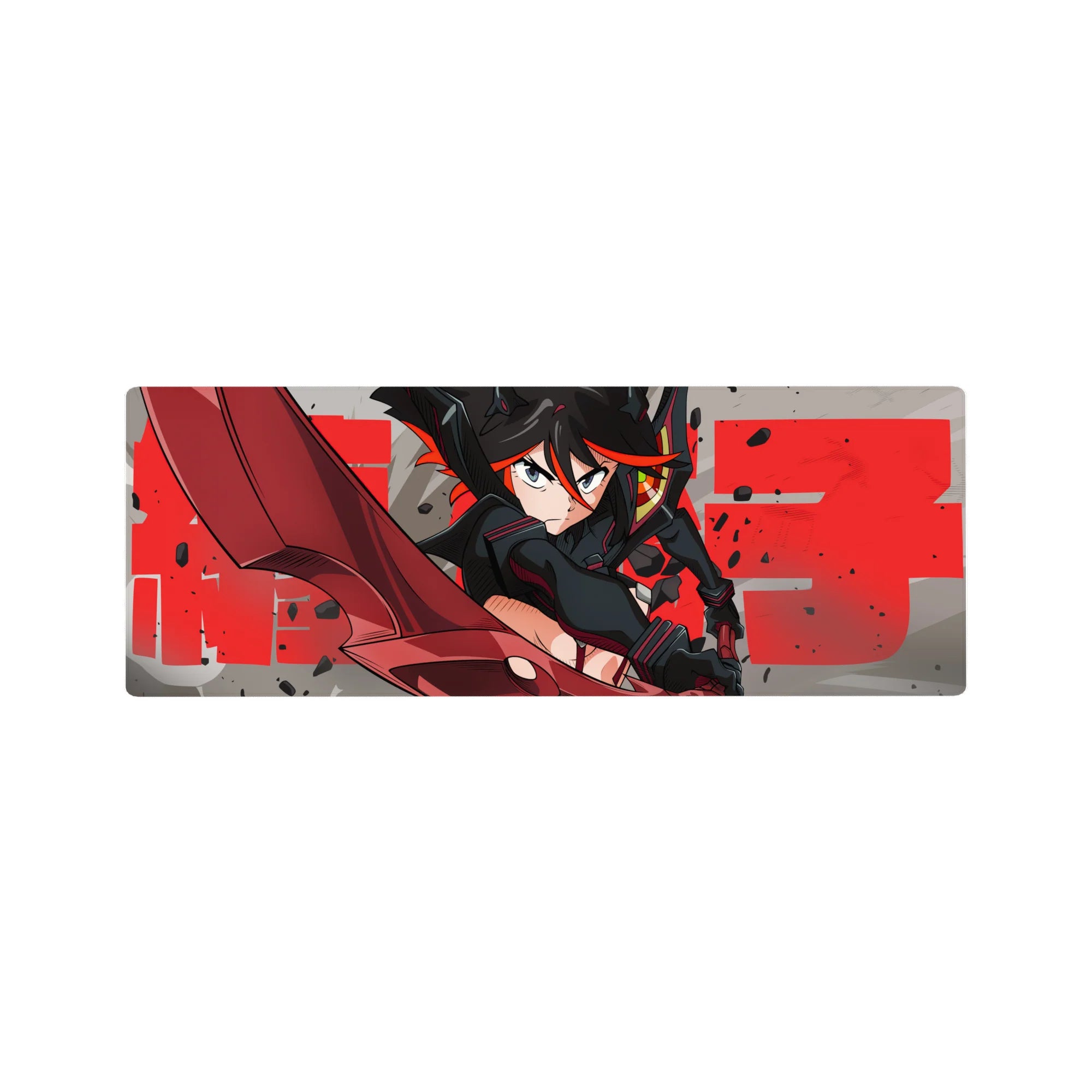 32x12 inches anime girl mouse pad with black-haired heroine, red scissor blade, and street-poster typography.