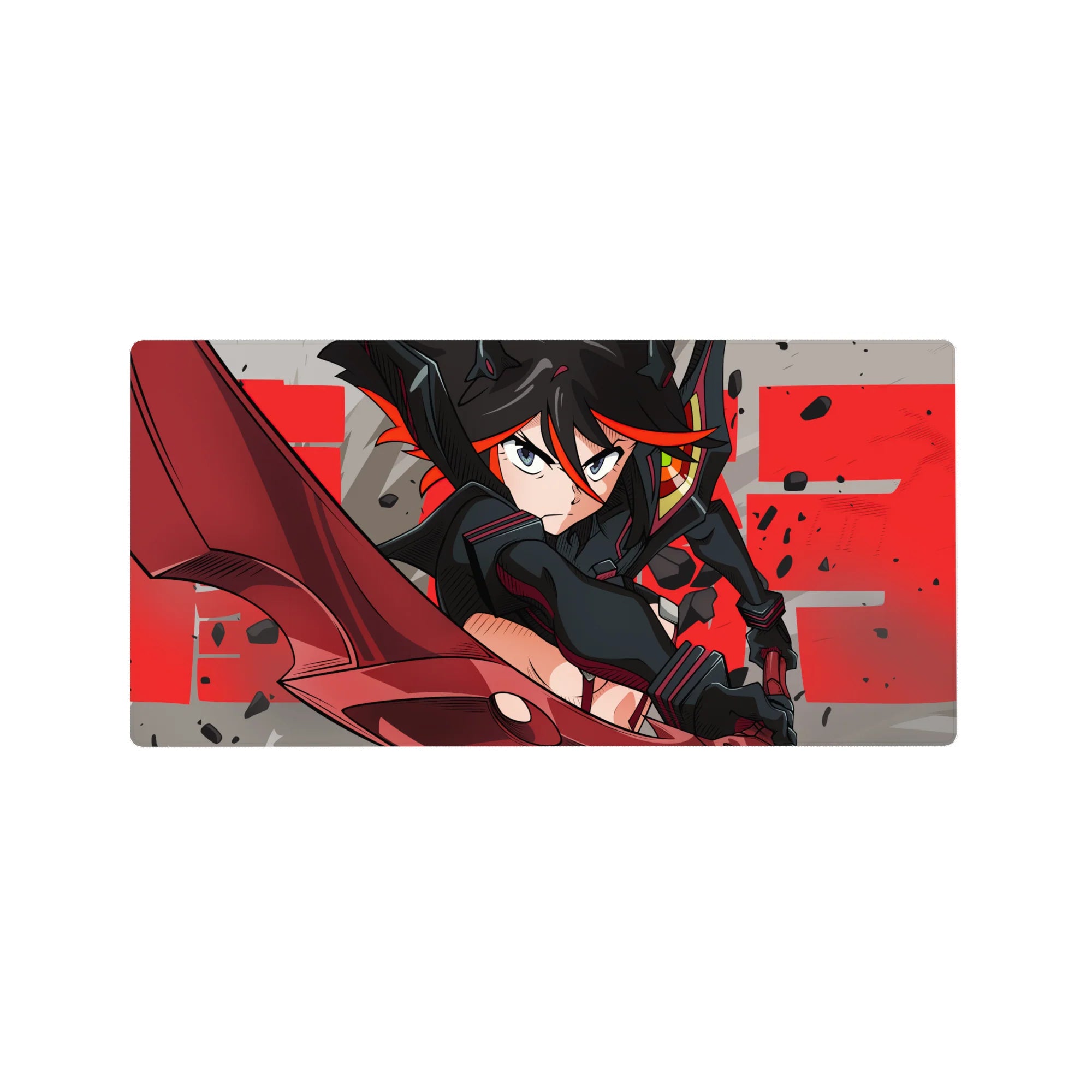 32x16 inches anime girl mouse pad with black-haired warrior, red scissor blade, street-poster style.