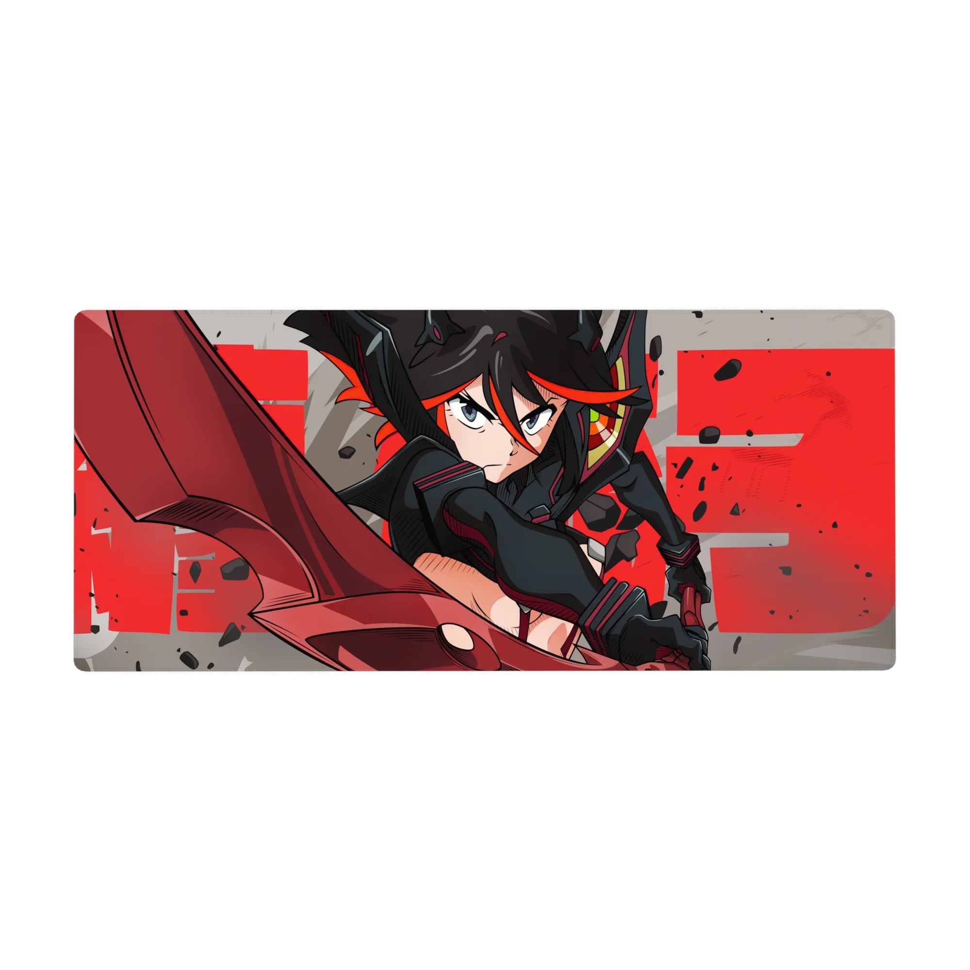 36x16 inches anime girl desk pad with black-haired heroine, red scissor blade, street poster typography.
