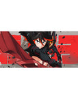 36x16 inches anime girl desk pad with black-haired heroine, red scissor blade, street poster typography.