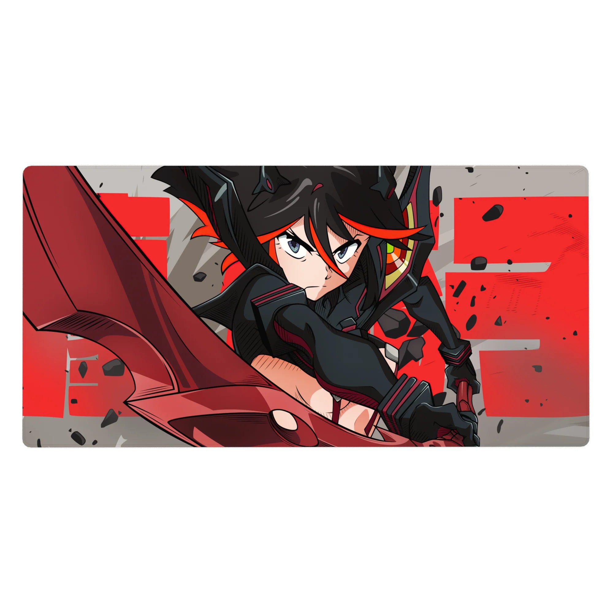 Anime girl desk pad 40x20 inches with black-haired warrior and red scissor blade, street poster style.