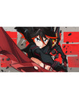 Anime girl desk pad 40x20 inches with black-haired warrior and red scissor blade, street poster style.
