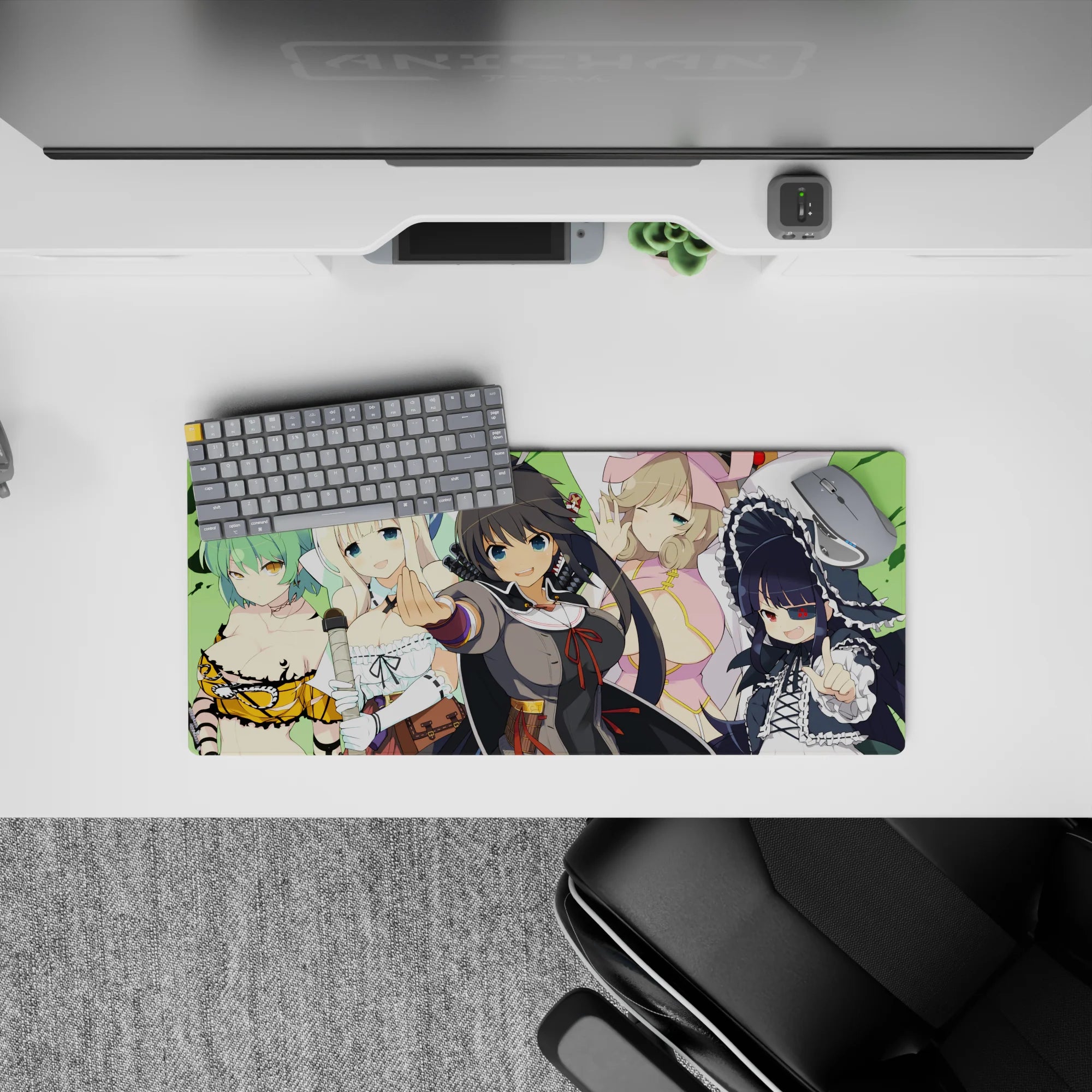 28x12 inches anime girl desk mat in bright green, mint hair and sky-blue bonnet, cozy cute vibe.