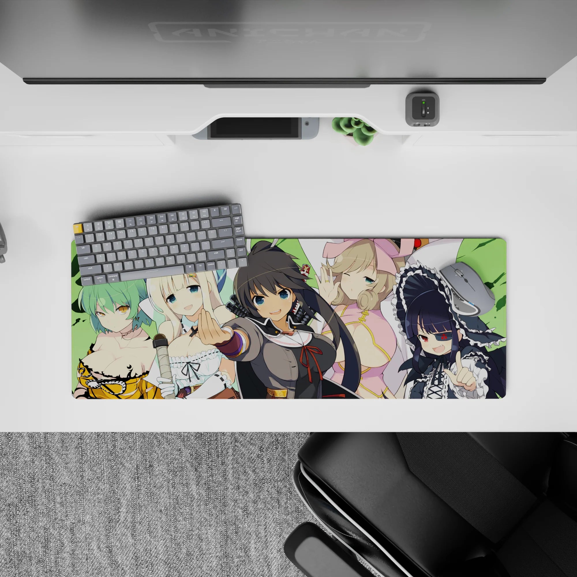 32x12 inches anime girl mouse pad with bright green backdrop, mint hair, pink ribbons, and bold color pops.
