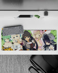 32x12 inches anime girl mouse pad with bright green backdrop, mint hair, pink ribbons, and bold color pops.
