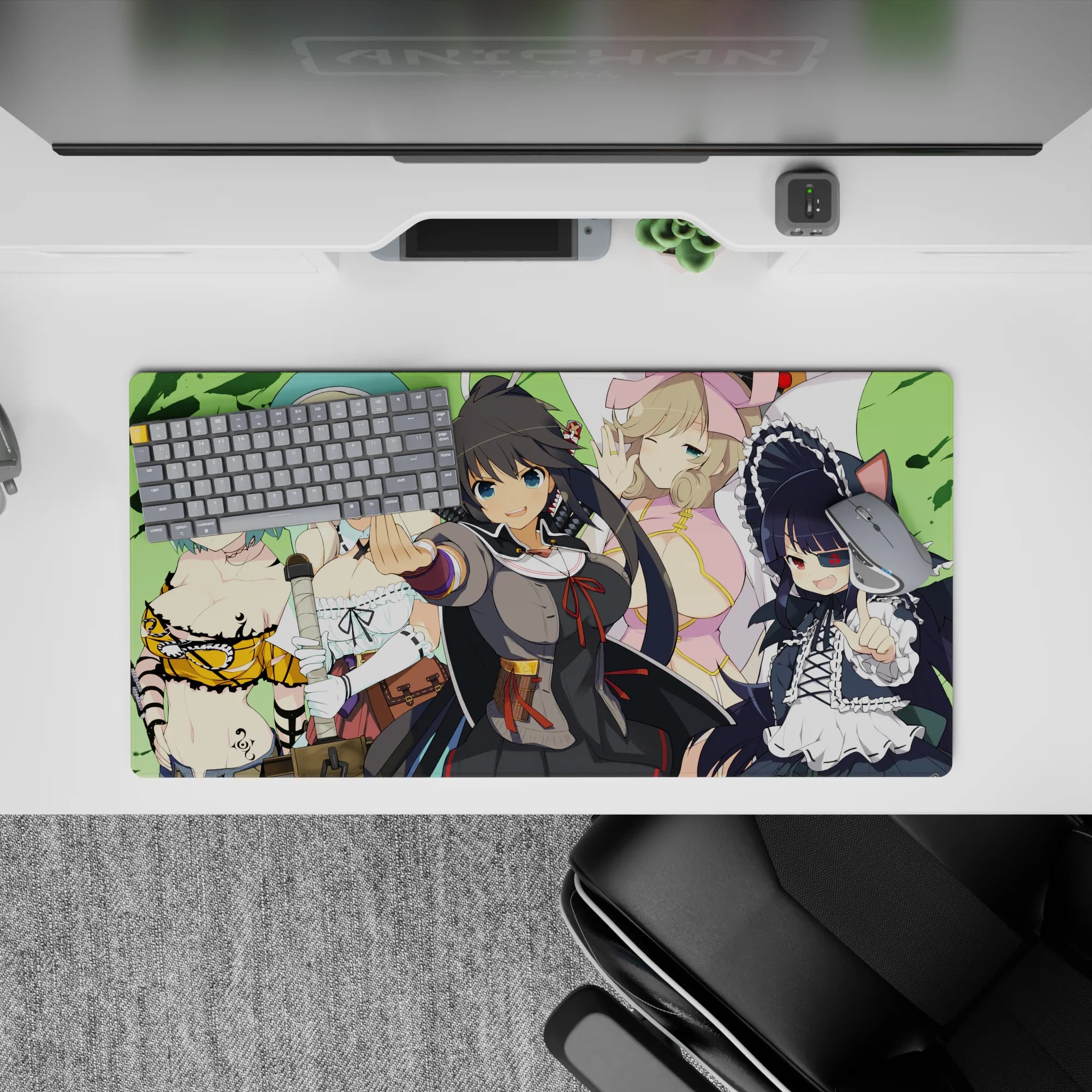 32x16 inches anime girl mouse pad on bright green backdrop, bold color pops, cozy kawaii squad vibe.