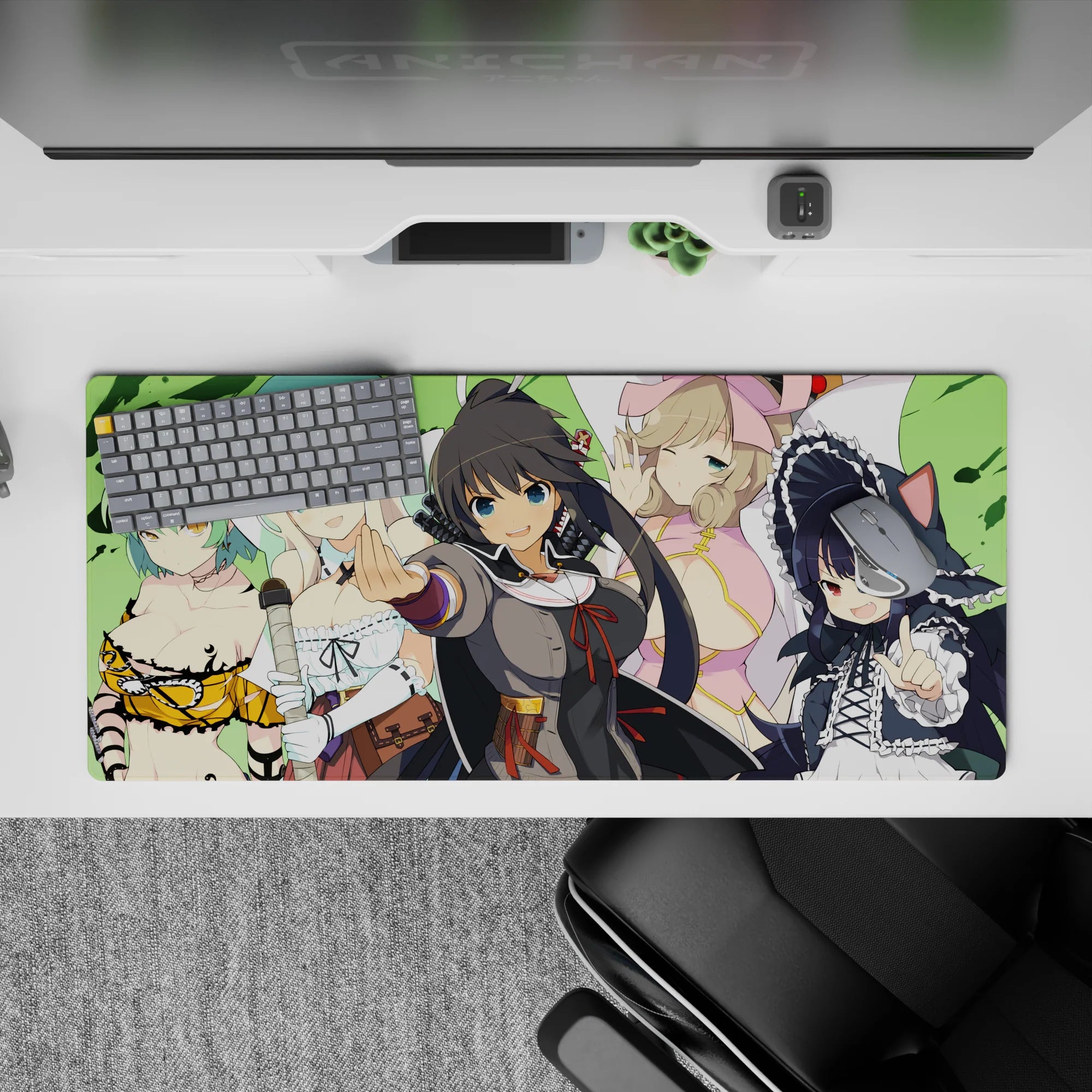 Bright green anime girl desk pad 36x16 inches with bold color pops, crisp lines, cozy vibe.