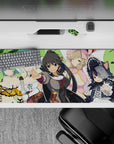 Bright green anime girl desk pad 36x16 inches with bold color pops, crisp lines, cozy vibe.