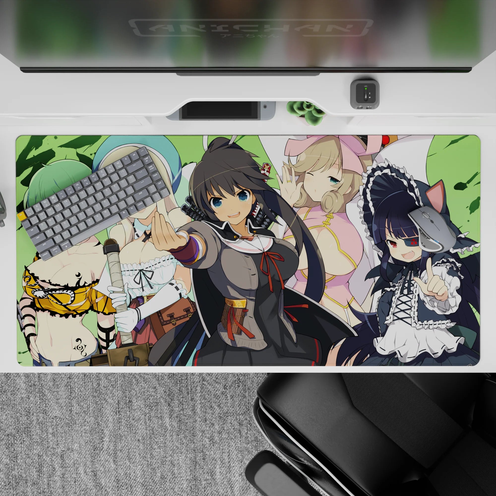 Bright green anime girl desk pad 40x20 inches with bold colors, pink ribbons, and cozy curls.