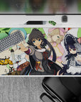 Bright green anime girl desk pad 40x20 inches with bold colors, pink ribbons, and cozy curls.