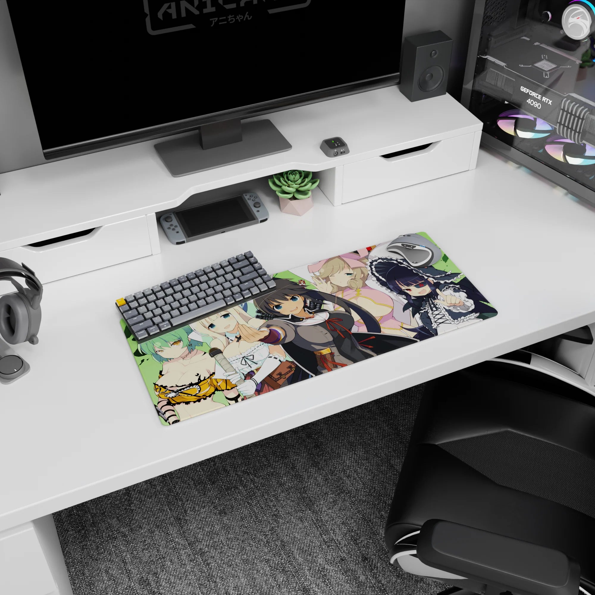 28x12 inches anime girl mouse pad showing dark-haired leader reaching forward with four friends on green.