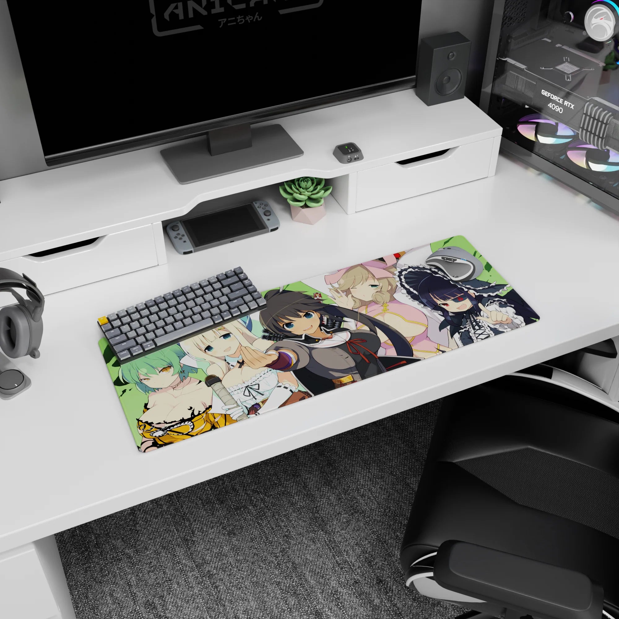 32x12 inches anime girl mouse pad featuring a confident dark-haired leader reaching forward with four girls behind.