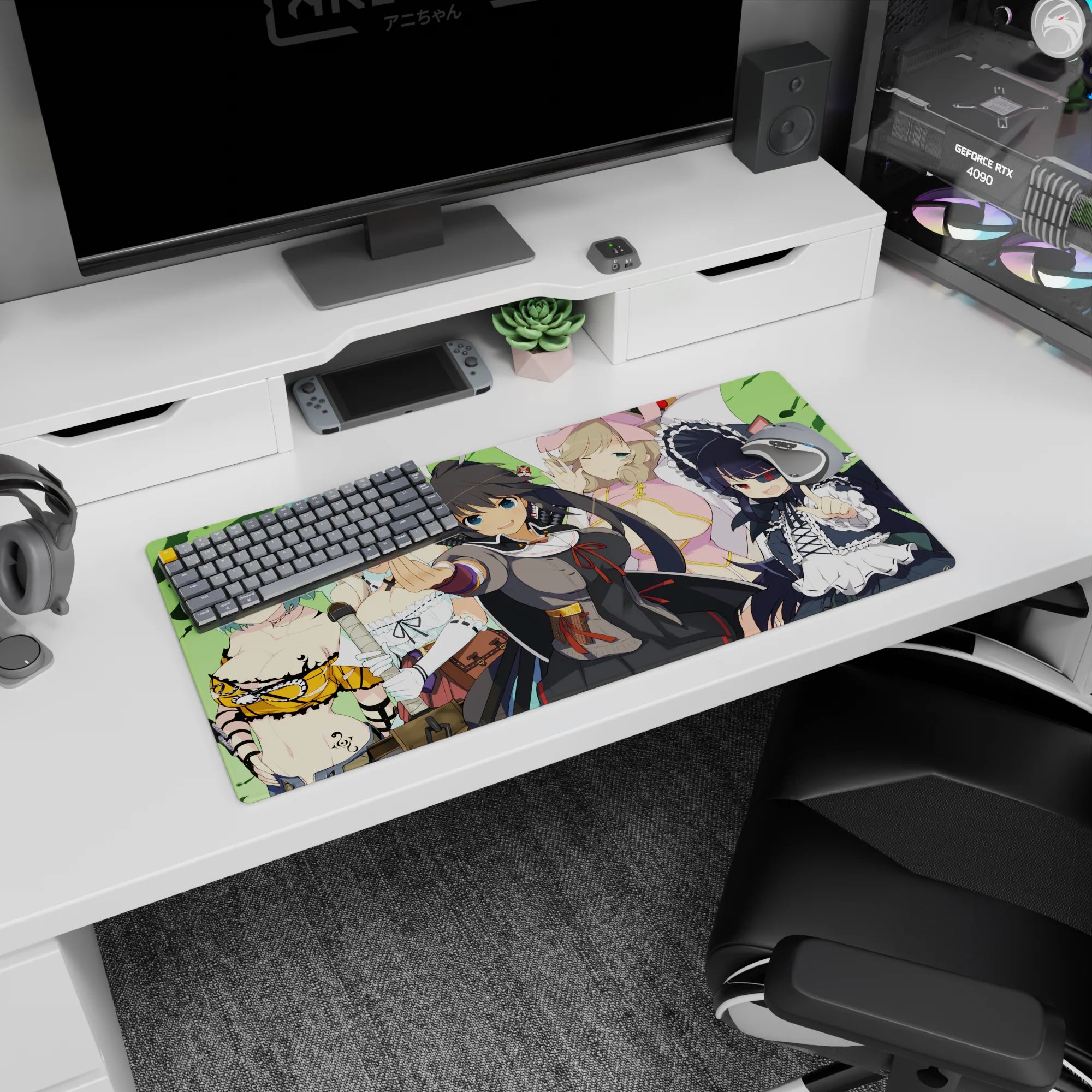 32x16 inches anime girl mouse pad featuring a dark-haired leader reaching forward and a cat-ear maid posing.