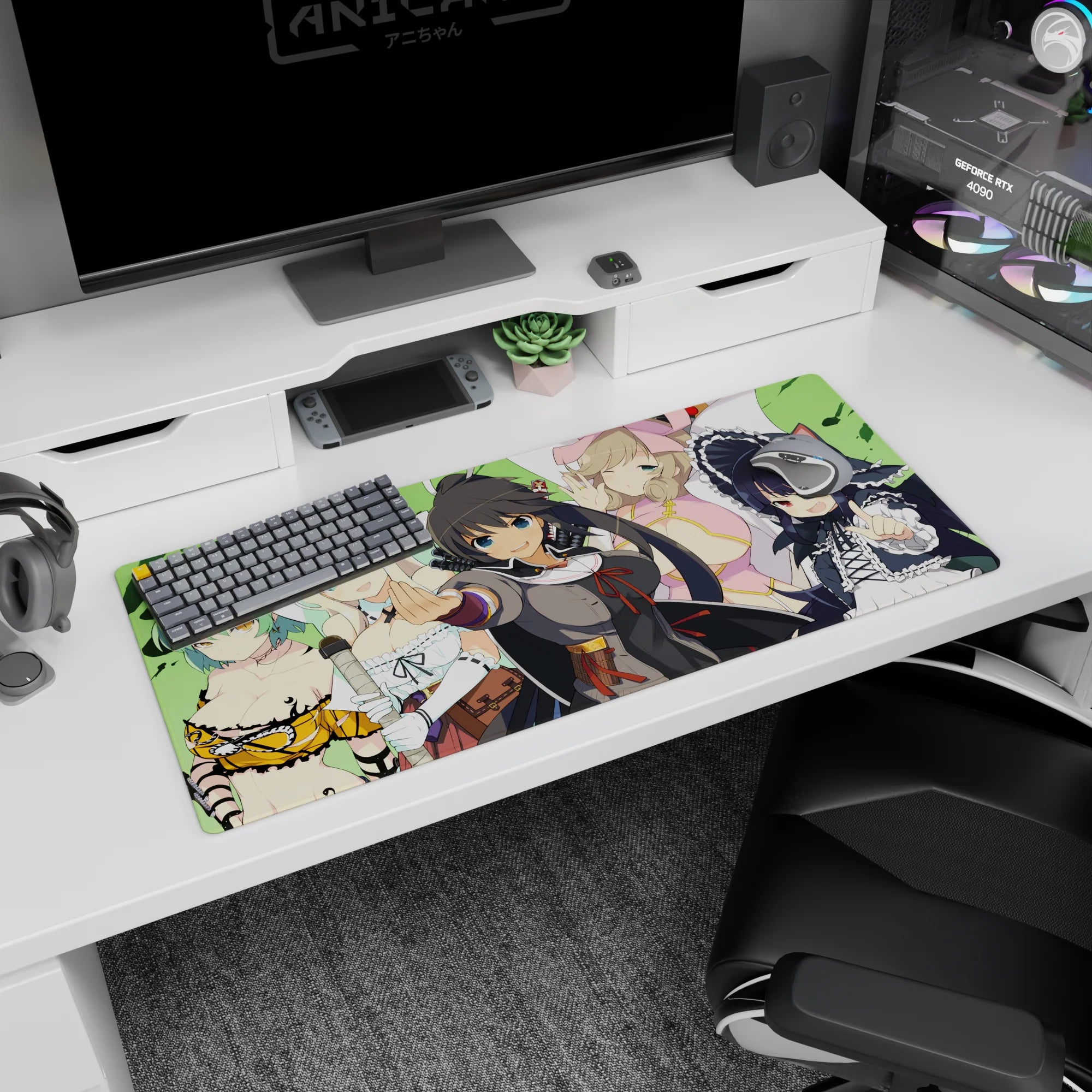 Leader reaching forward on anime girl desk pad 36x16 inches, with blonde in blue bonnet and cat maid.