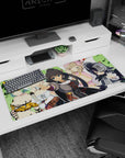 Leader reaching forward on anime girl desk pad 36x16 inches, with blonde in blue bonnet and cat maid.