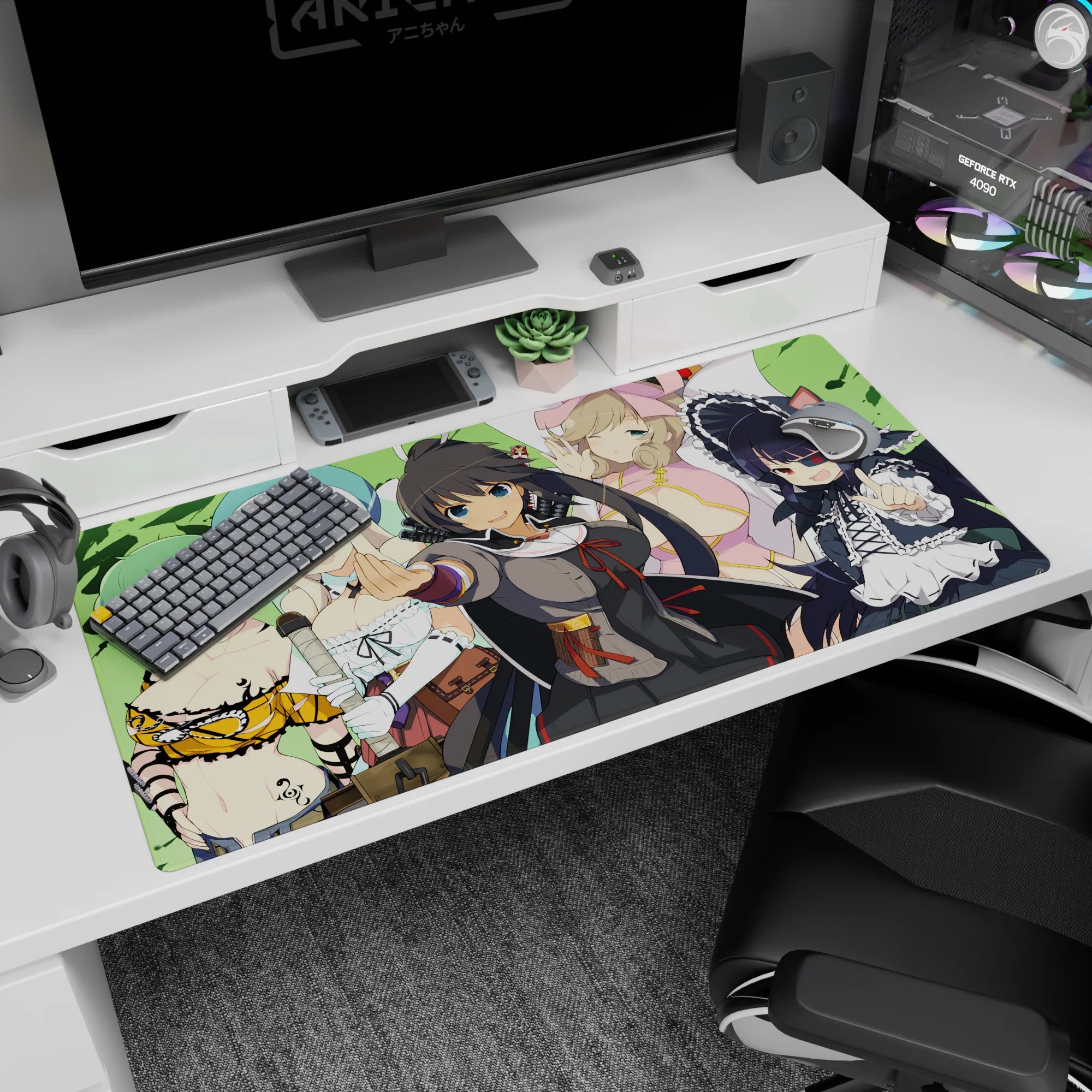 Anime girl desk pad 40x20 inches featuring a dark-haired leader reaching forward and a cat-ear maid pose.