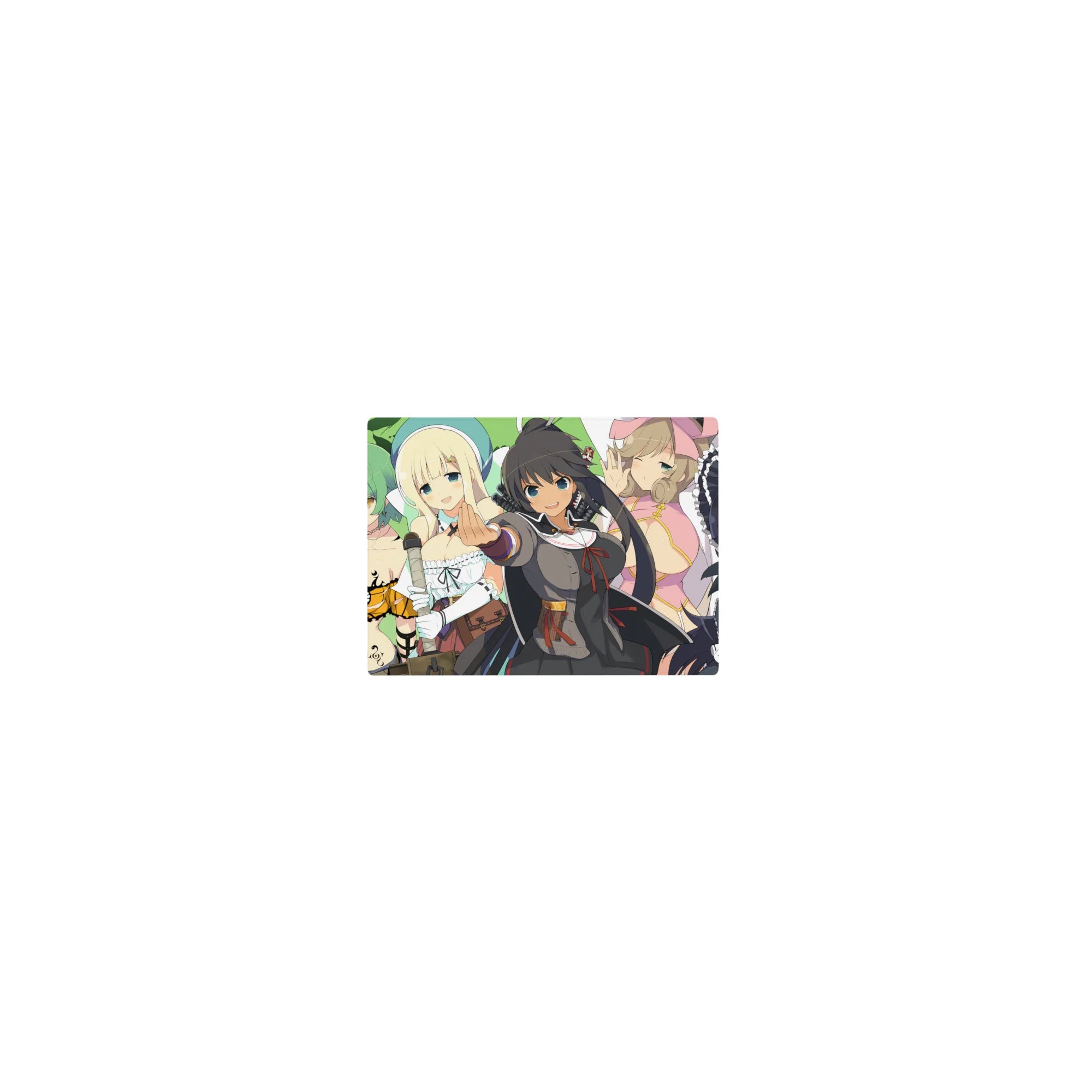 Classic anime girl mouse pad 14x10 inches with five kawaii girls, ribbons, curls, and a cat-ear maid pose.