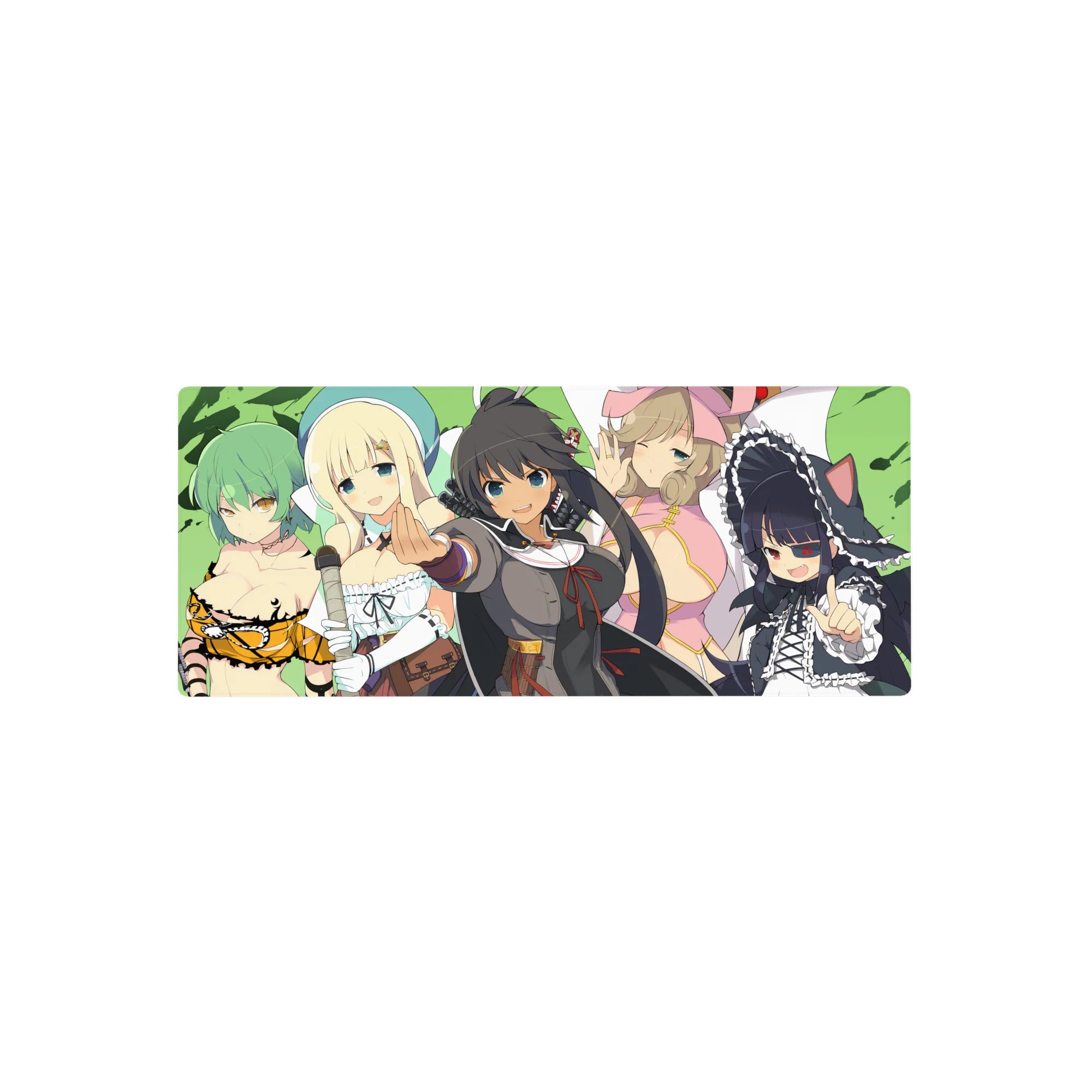 28x12 inches anime girl mouse pad with five cute girls, cat-ear maid, ribbons, curls, bold clean line art.