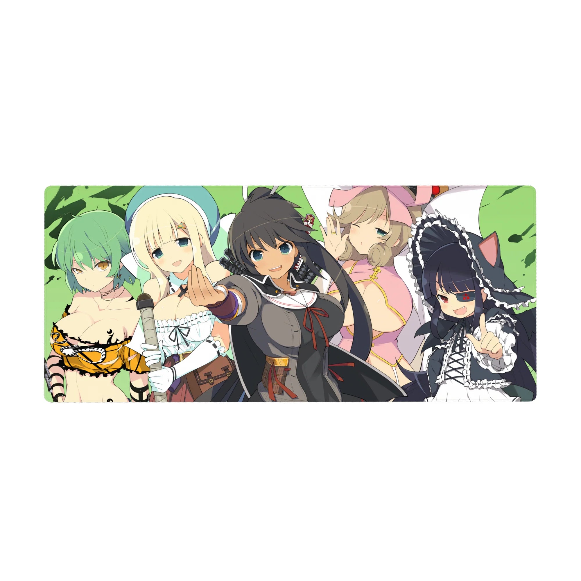 Anime girl desk pad 36x16 inches with five cute characters, ribbons, curls, and cat-ear maid pose.