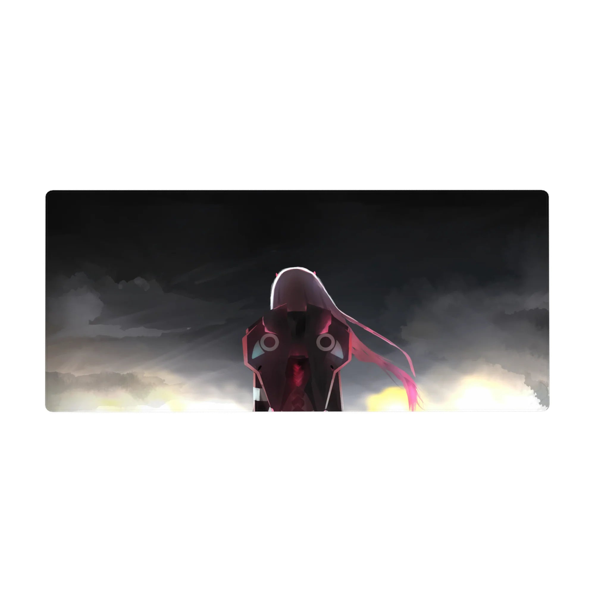 Mouse pad featuring Zero Two design, 36x16 inches, with her Strelizia armor and stormy backdrop for an intense, bold anime aesthetic.