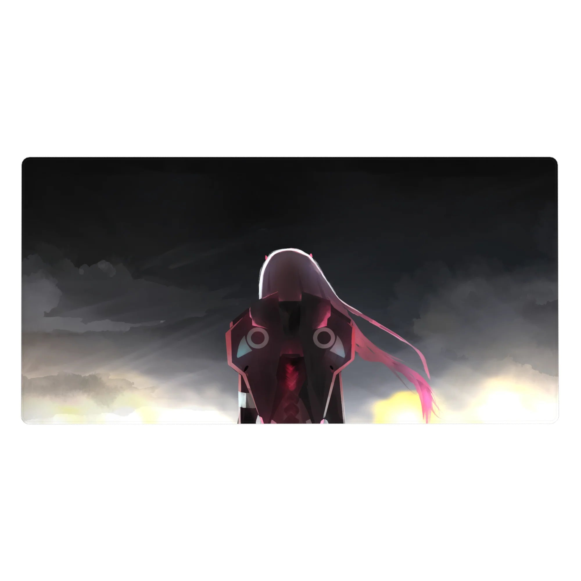 Mouse pad featuring Zero Two design, 40x20 inches, with her Strelizia-inspired armor against a stormy sky for a bold, cinematic anime aesthetic.