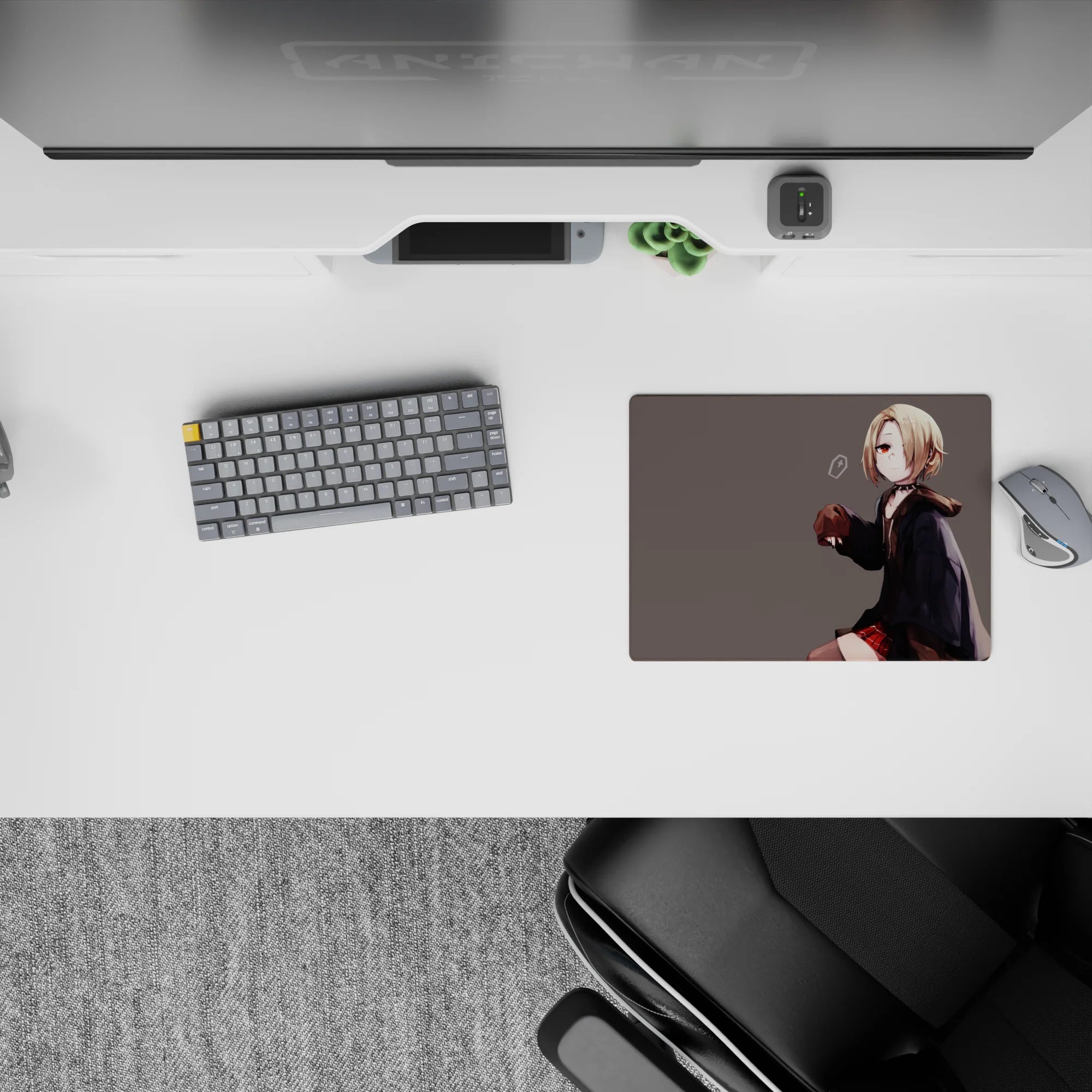 Soft moody lo-fi vibe mouse pad 14x10 inches in gray tones with warm red accents and cute shy smile.