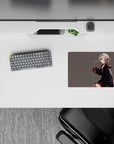 Soft moody lo-fi vibe mouse pad 14x10 inches in gray tones with warm red accents and cute shy smile.